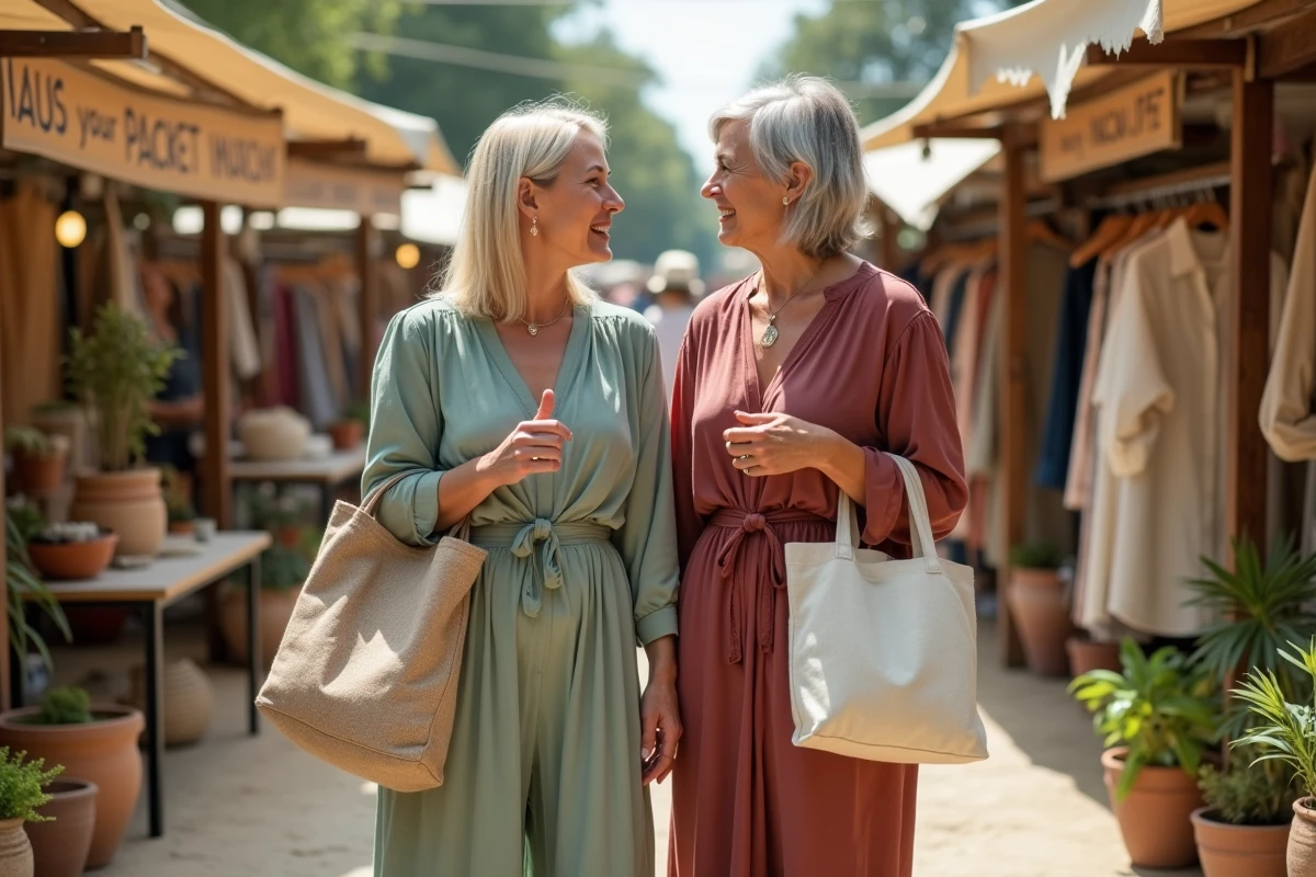 Deux femmes discutant mode éthique et durable à un marché en plein air avec des stands en bois et des textiles naturels