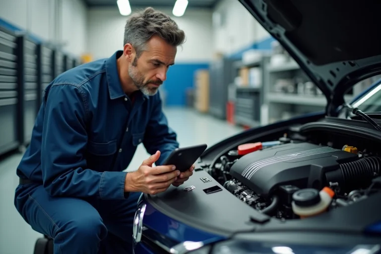 Mécanicien examinant un moteur hybride dans un atelier automobile moderne