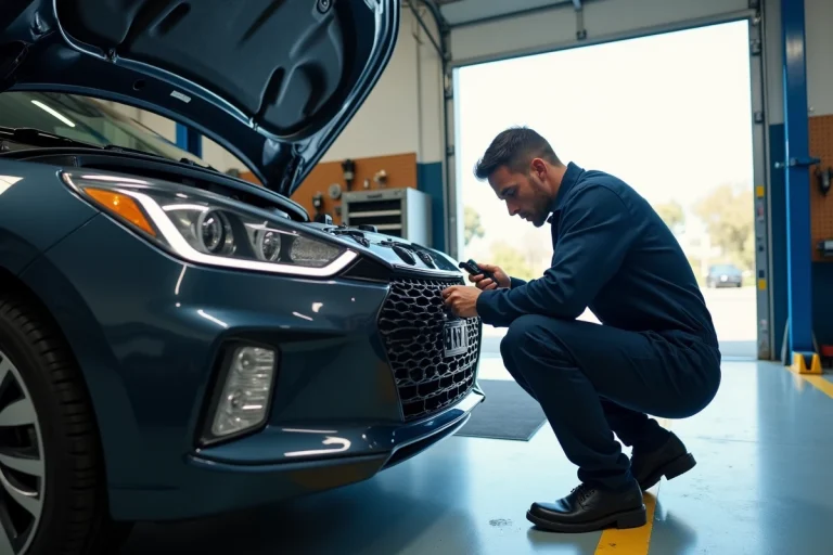 Mécanicien inspectant le compartiment moteur d'un véhicule hybride dans un garage propre