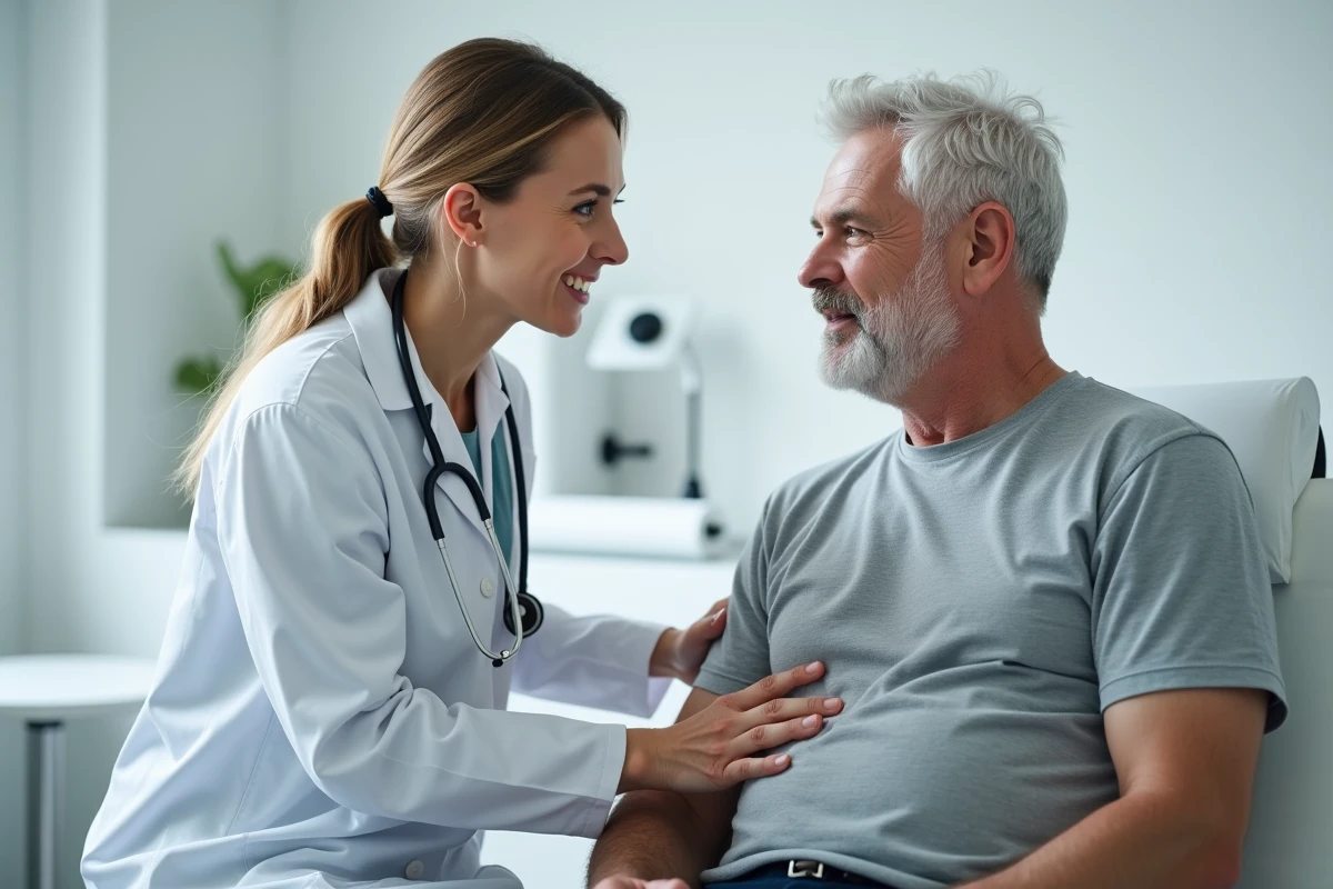 Médecin écoutant les poumons d'un patient avec un stéthoscope lors d'une consultation pour essoufflement