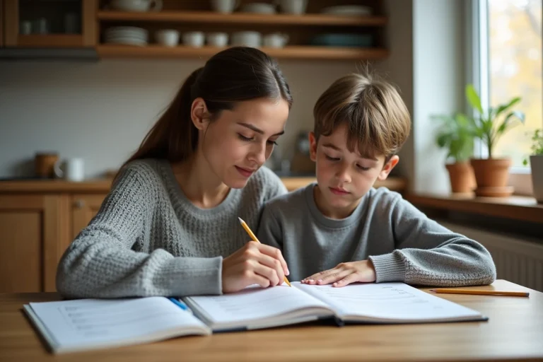 Une mère aidant son fils de 10 ans à faire ses devoirs à la table de cuisine, regardant ses cahiers avec bienveillance