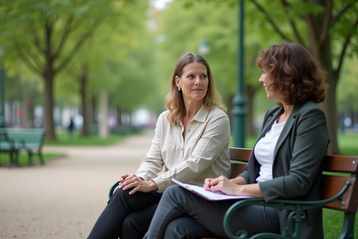 Mère célibataire en discussion avec une assistante sociale dans un parc urbain, représentant l'accès aux services d'aide et d'accompagnement social