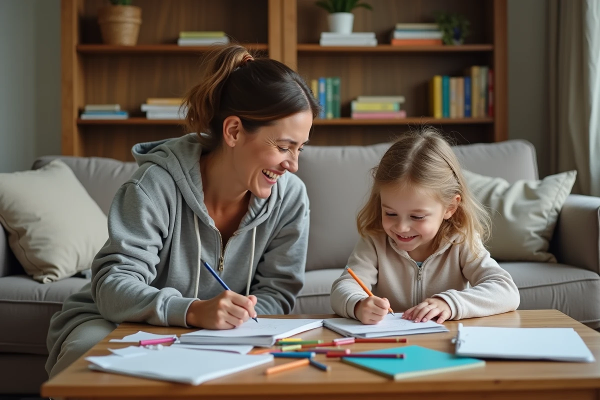 Mère célibataire aidant son enfant à faire ses devoirs dans le salon, symbolisant le soutien parental et la bienveillance malgré les défis du quotidien