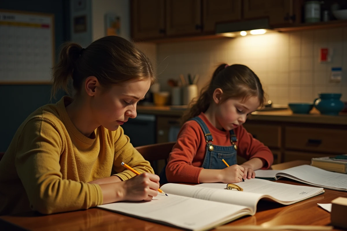 Mère aidant sa fille à faire ses devoirs dans une cuisine familiale en soirée, montrant les difficultés parentales liées à l'échec scolaire