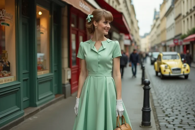 Femme en robe A-line années 1960 avec gants blancs et chignon bouffant dans une rue parisienne pavée