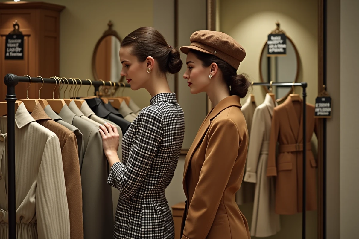 Deux femmes en tenues mode années 1960 dont robe géométrique et tailleur camel dans une boutique vintage française