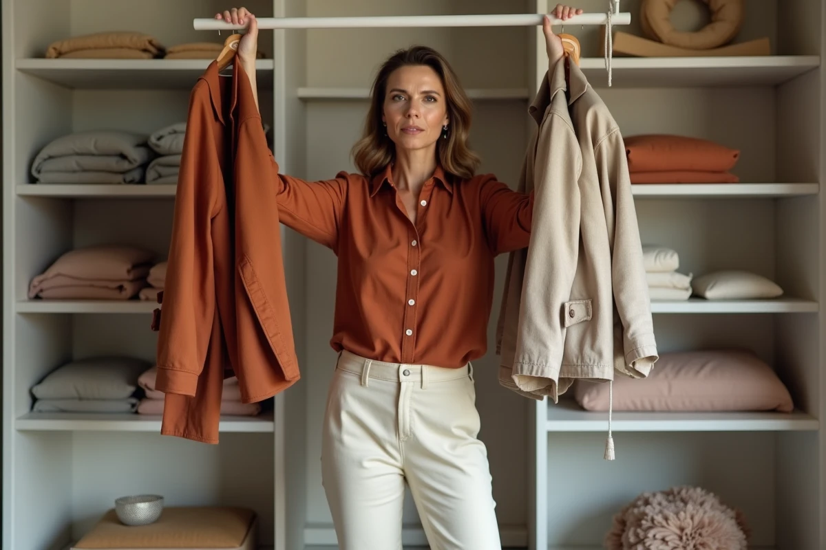 Femme comparant des vestes dans un dressing moderne organisé pour renouveler sa garde-robe