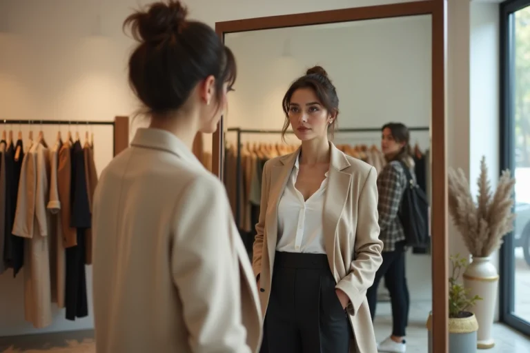 Femme moderne essayant une tenue contemporaine devant un miroir dans une boutique de mode minimaliste