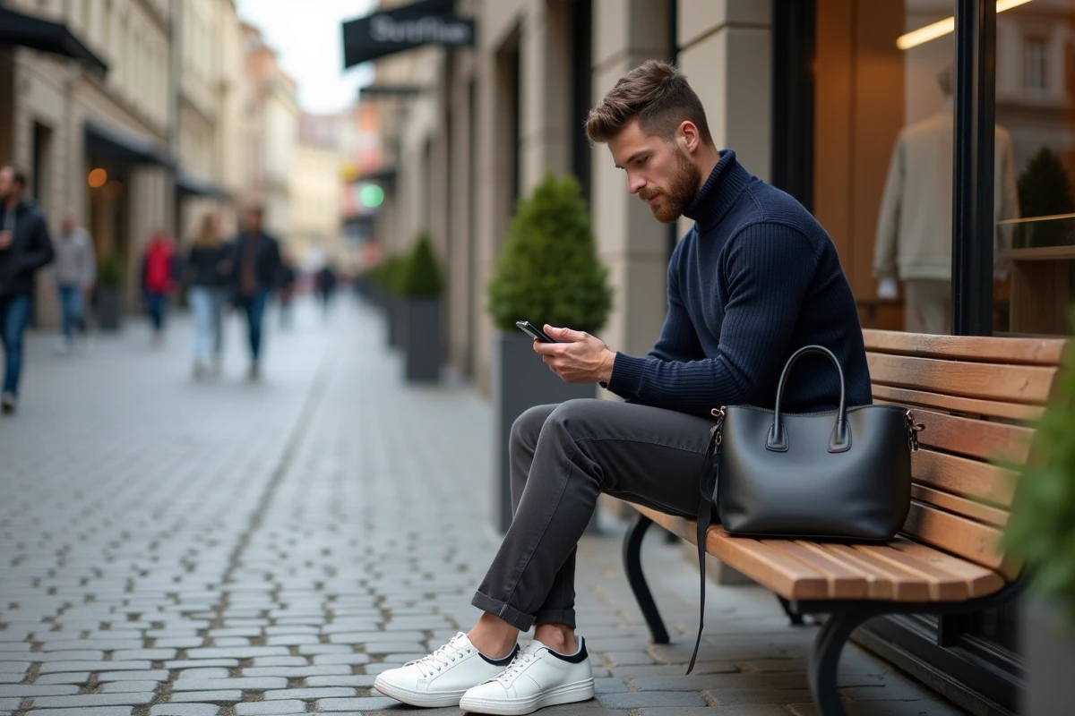 Homme stylé en tenue moderne assis devant une boutique urbaine dans une rue pavée contemporaine