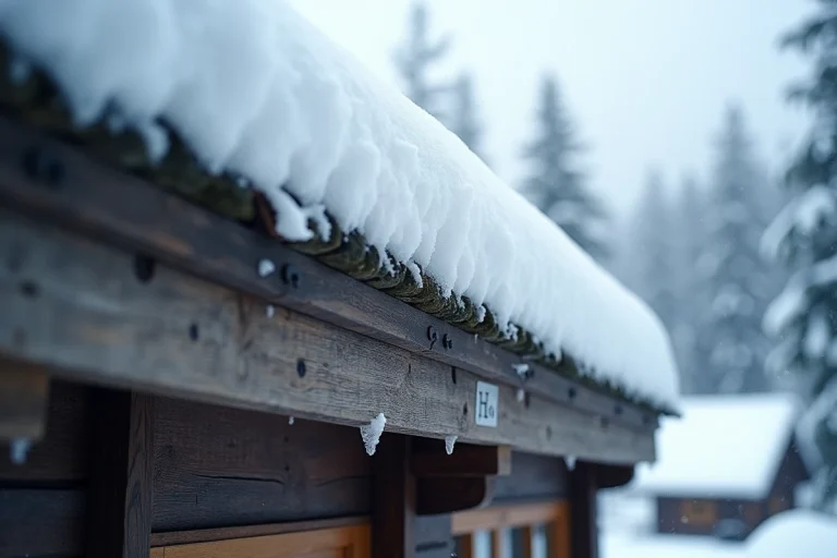 Toit de chalet en bois recouvert d'une épaisse couche de neige naturelle dans un village de montagne alpin