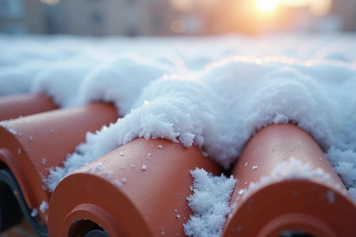 Gros plan sur de la neige accumulée entre les tuiles en terre cuite d'un toit traditionnel avec des cristaux de glace visibles