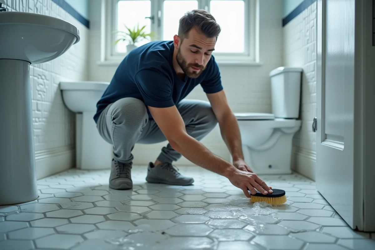 Homme récurant le carrelage d'une salle de bain avec une brosse et un seau d'eau savonneuse