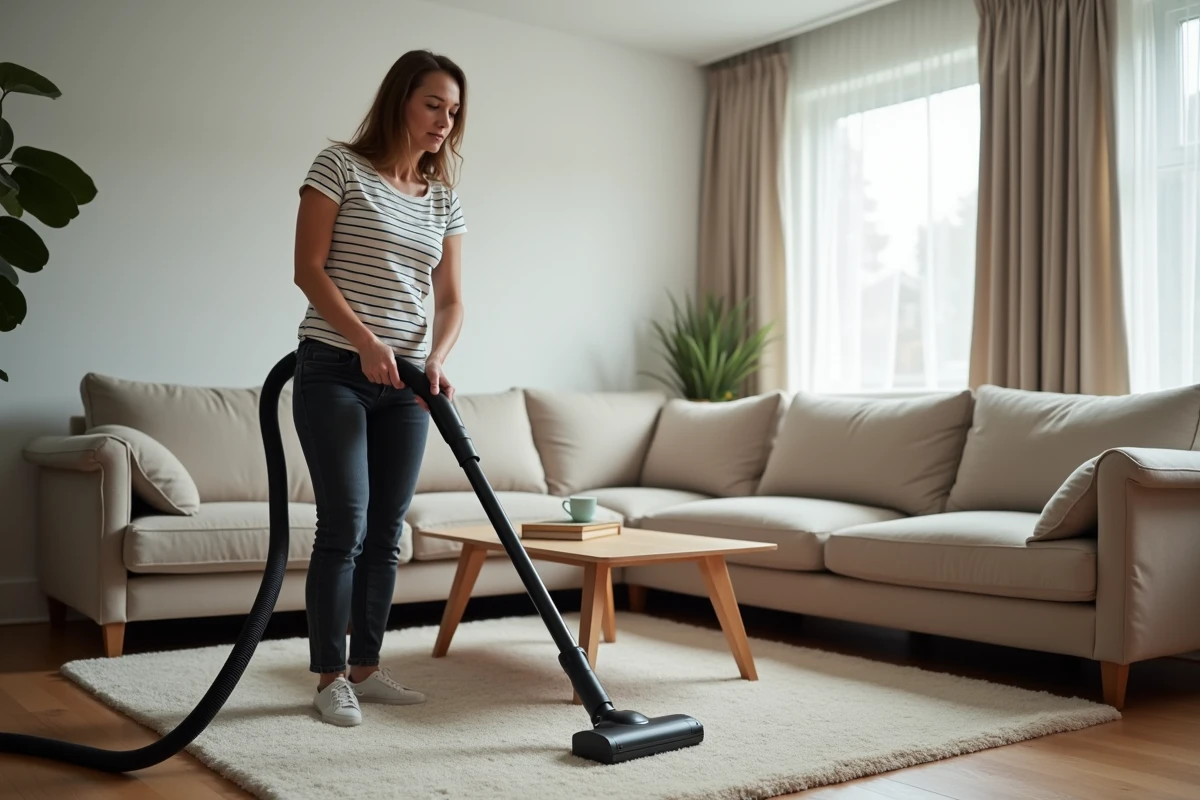 Femme passant l'aspirateur sur un tapis de salon lors d'un grand nettoyage de printemps