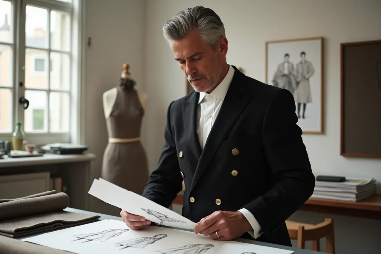 Nouveau styliste de Chanel examinant des tissus en tweed dans un atelier parisien de haute couture