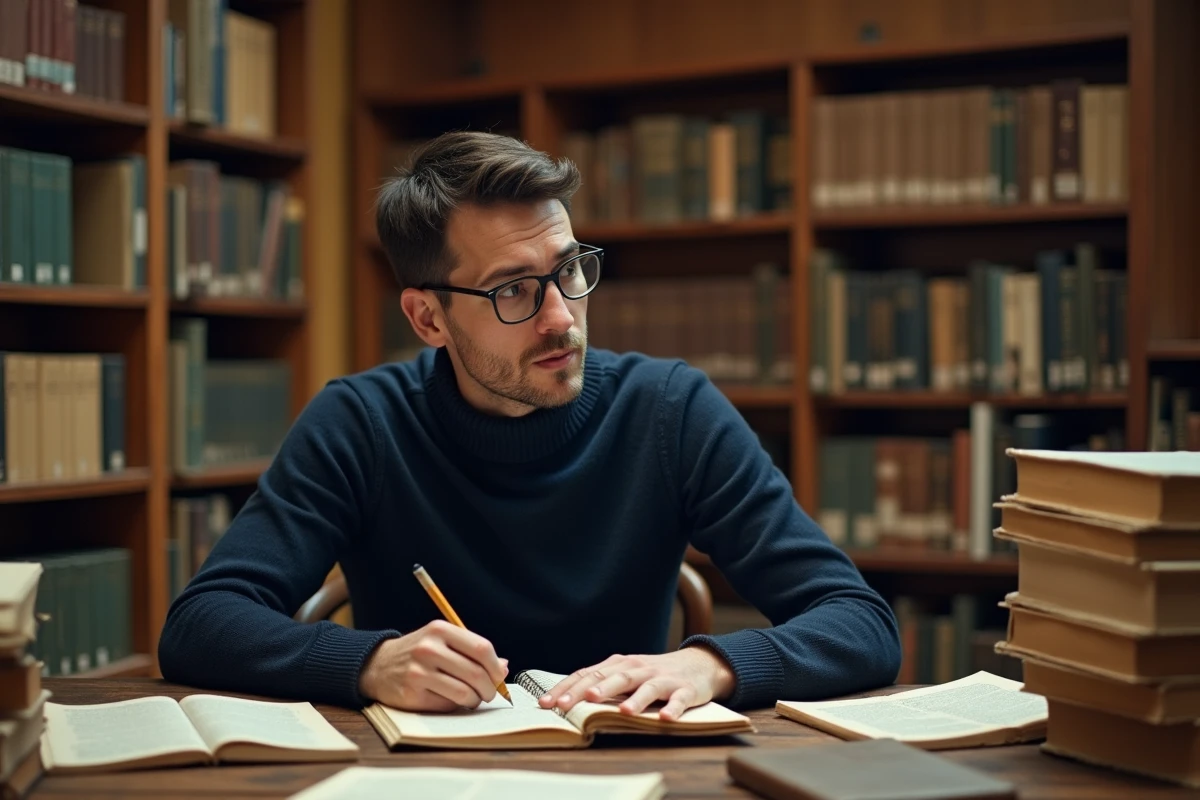 Chercheur consultant des ouvrages académiques sur les origines de l'économie circulaire dans une bibliothèque universitaire