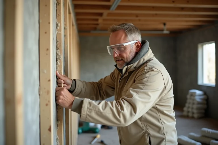 Ouvrier installant des panneaux d'isolation en laine minérale dans les murs d'un bâtiment en rénovation thermique