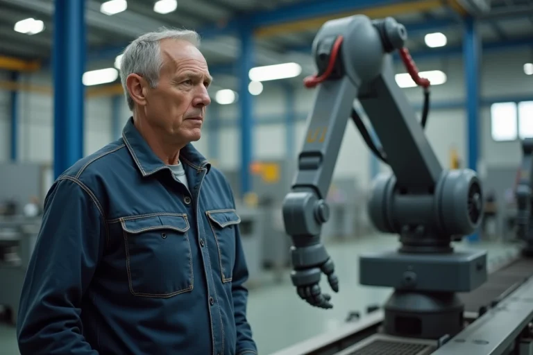 Ouvrier d'usine face à un bras robotique automatisé illustrant la menace de l'IA sur l'emploi industriel