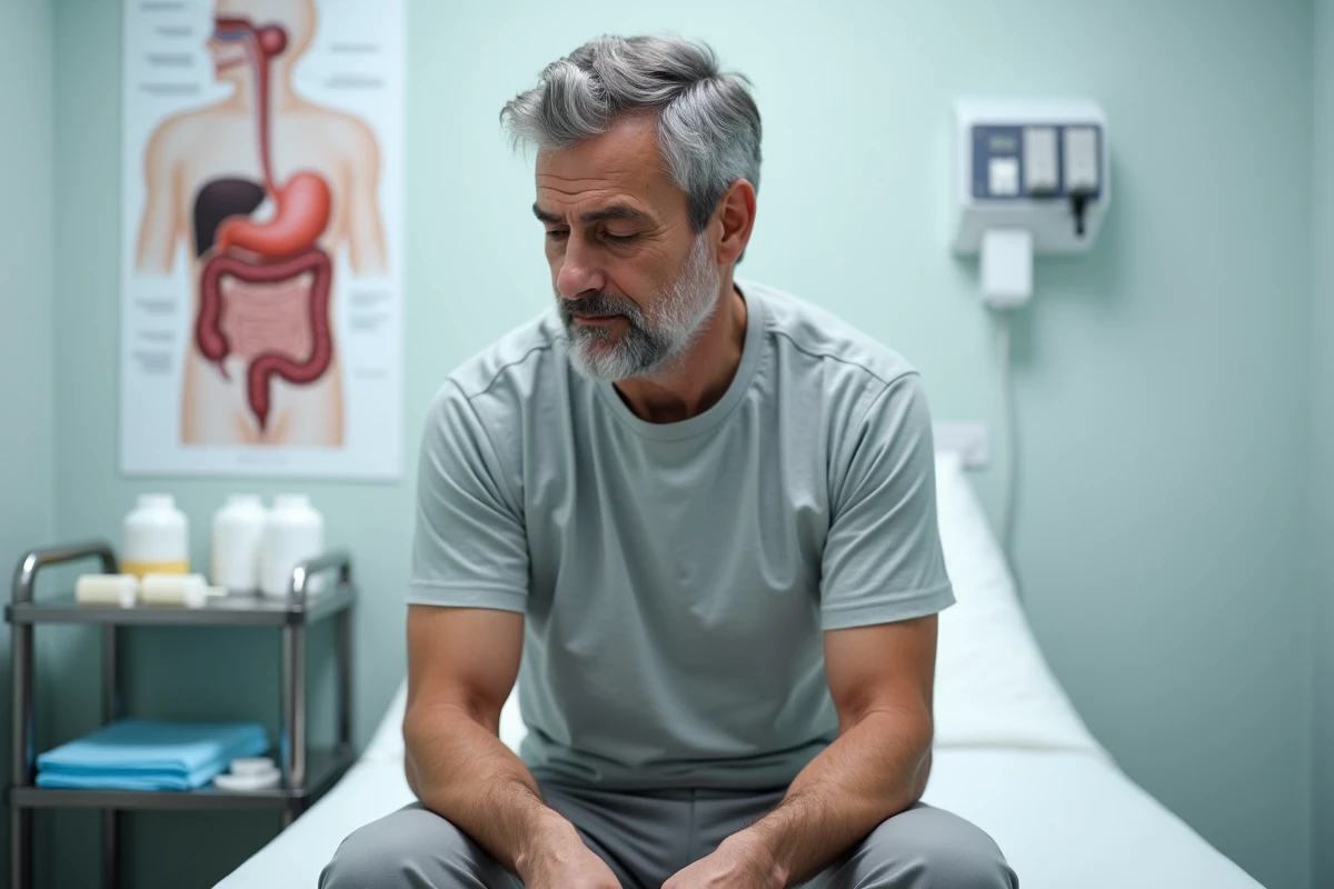 Patient assis dans une salle d'examen gastro-entérologique réfléchissant aux dangers des nettoyages du côlon