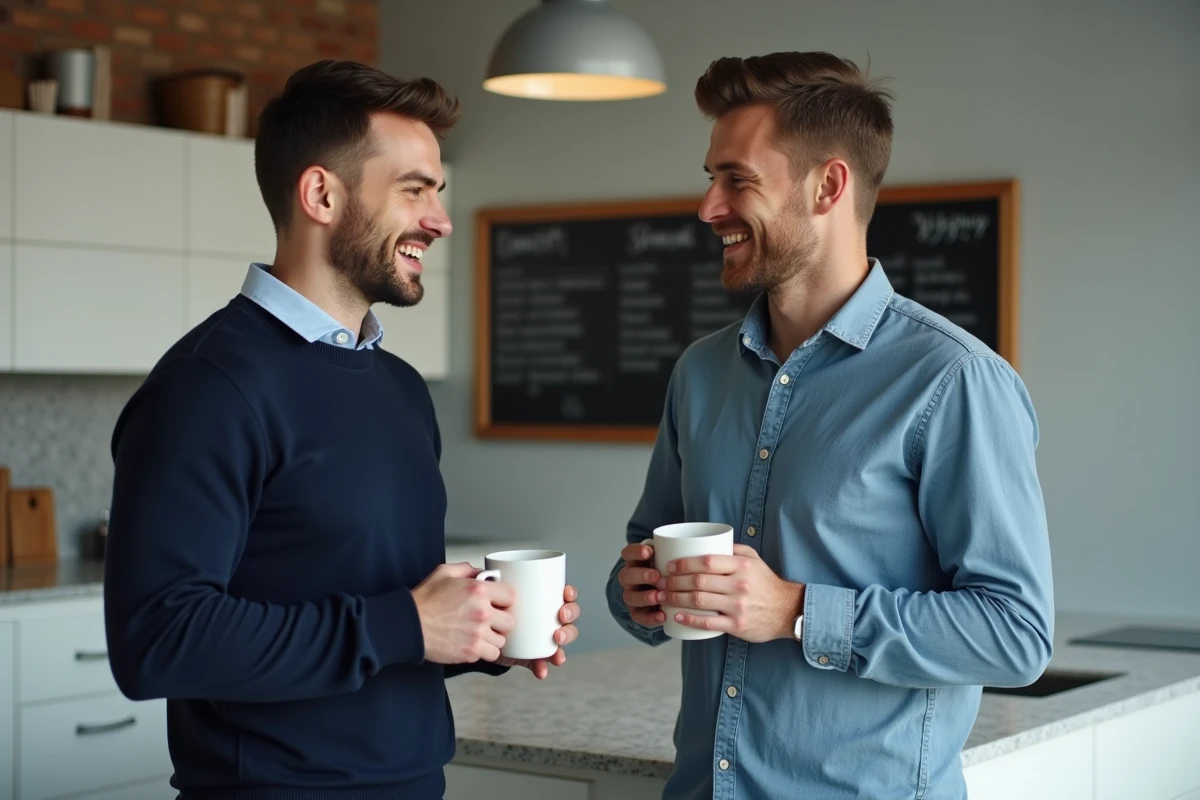Deux collègues masculins en pause café dans une cuisine de bureau moderne, discutant avec décontraction dans un environnement de travail convivial