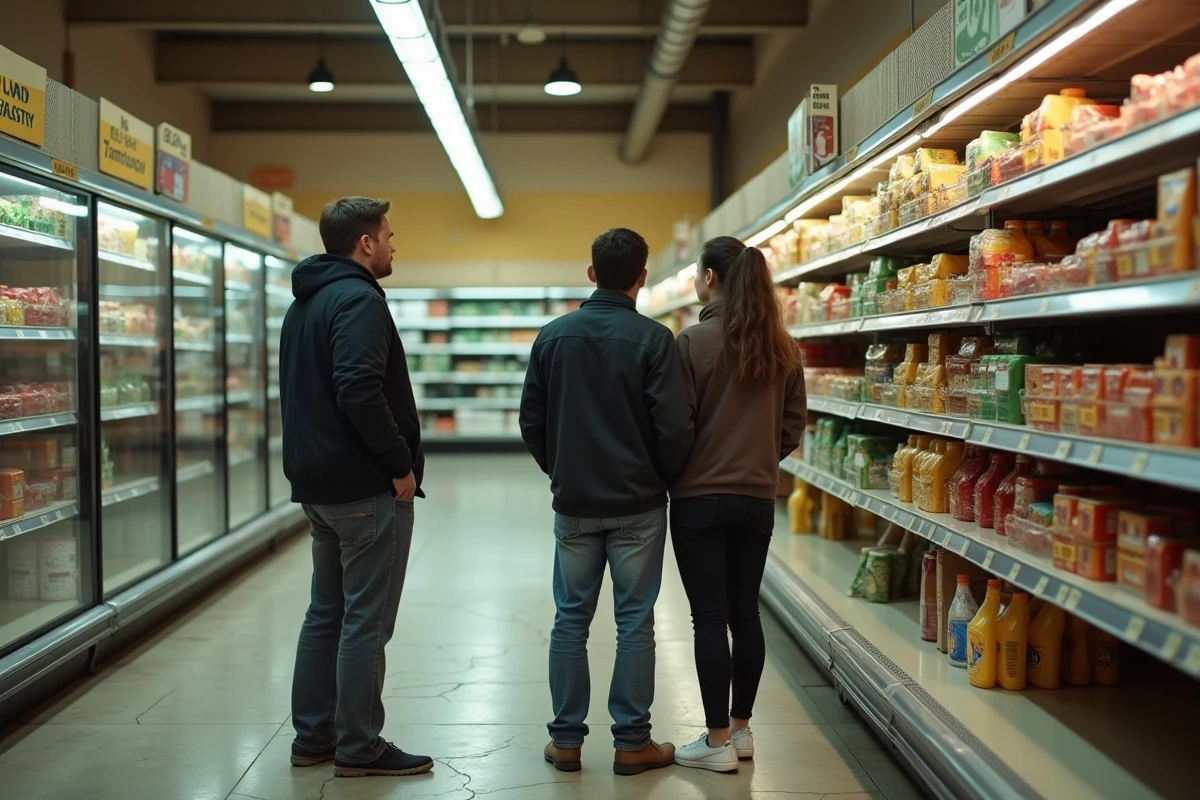 Rayons de supermarché quasi vides avec des consommateurs désemparés, symbole des pénuries économiques dans un système collectiviste