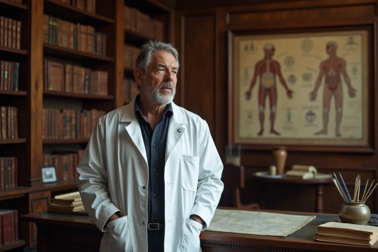 Médecin en blouse blanche dans une bibliothèque médicale universitaire entouré de livres anciens et d'illustrations anatomiques historiques