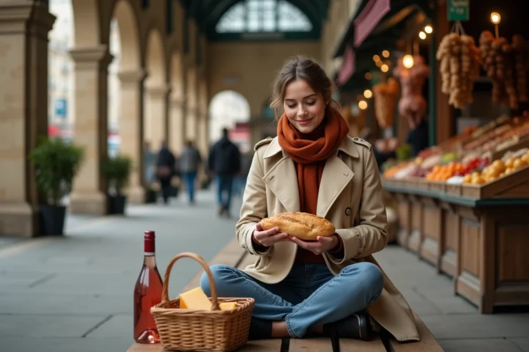 Femme pique-niquant sous les halles couvertes de Paris par temps de pluie, entourée de piliers en fonte et d'étals de marché
