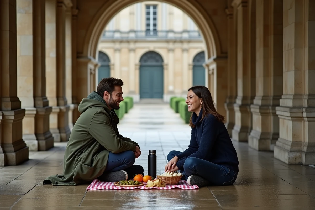 Couple pique-niquant sous les arcades du Palais-Royal à Paris sous la pluie, avec une nappe à carreaux et des spécialités françaises