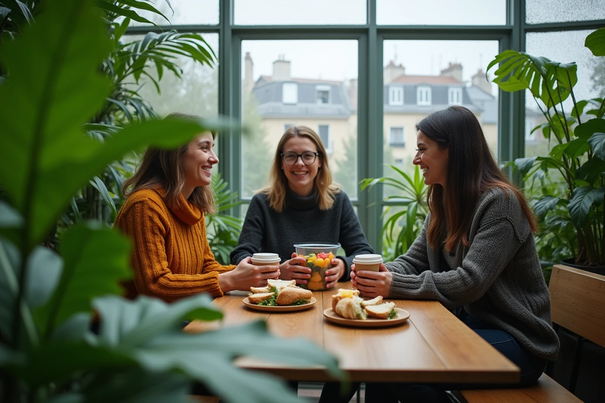 Groupe d'amis pique-niquant dans une grande serre tropicale à Paris par temps de pluie, entourés de plantes exotiques et de verrières embuées