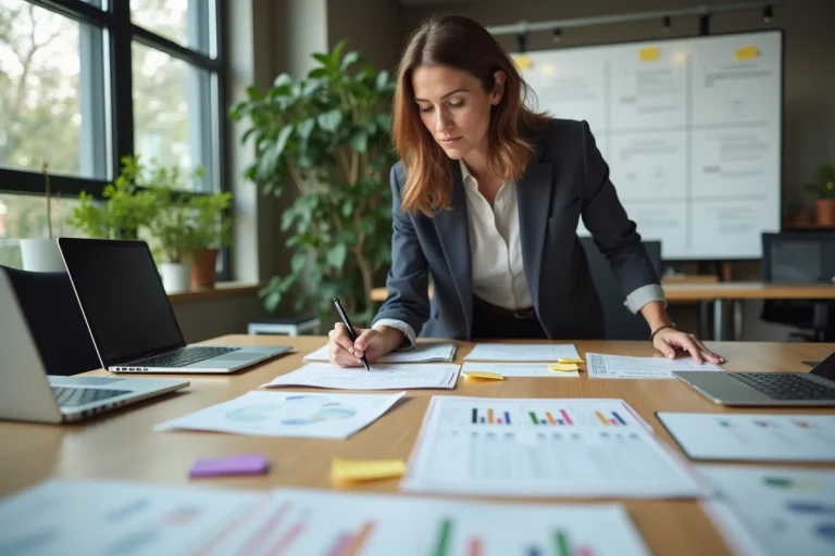 Planificatrice d'événements concentrée sur un bureau couvert de listes et d'ordinateurs portables dans un bureau moderne