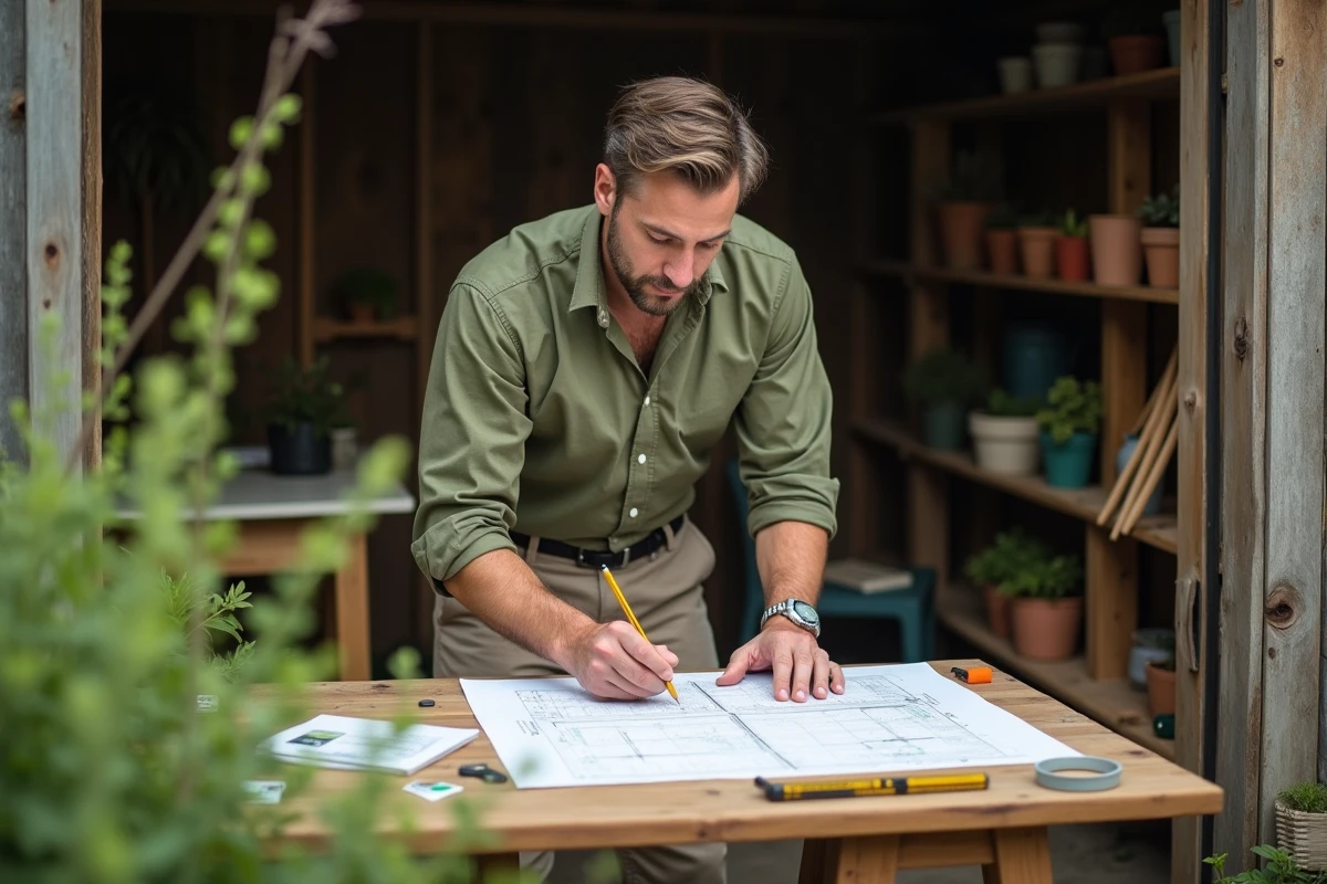 Homme planifiant la création de son jardin avec un plan dessiné à la main sur papier quadrillé, entouré de graines et outils de jardinage