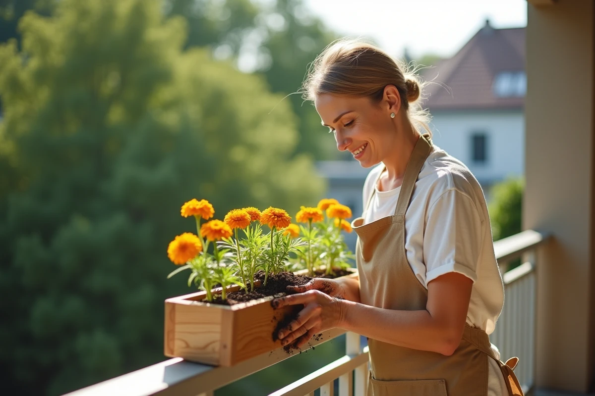 Femme qui plante des gazanias et des œillets d'Inde dans une jardinière en bois sur un balcon ensoleillé