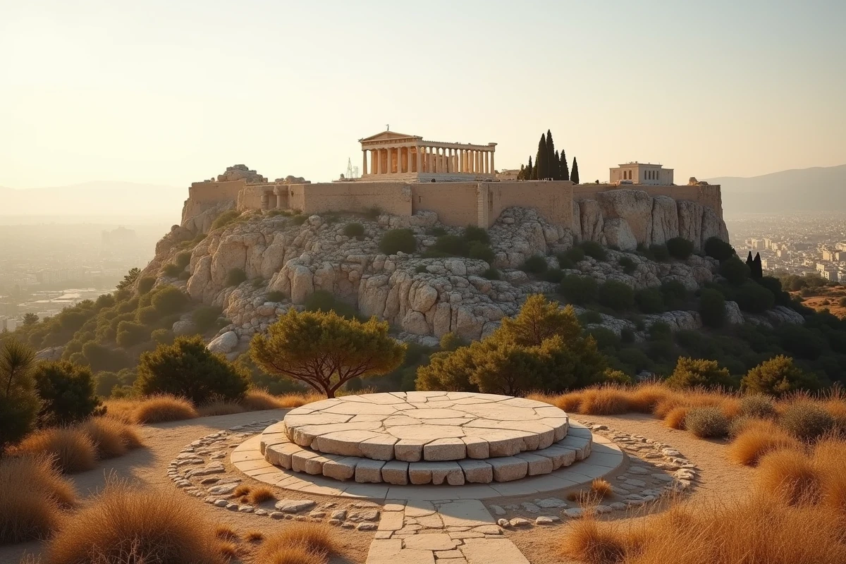 Vue de la Pnyx et de l'Acropole d'Athènes, lieu historique des assemblées citoyennes de la démocratie grecque antique