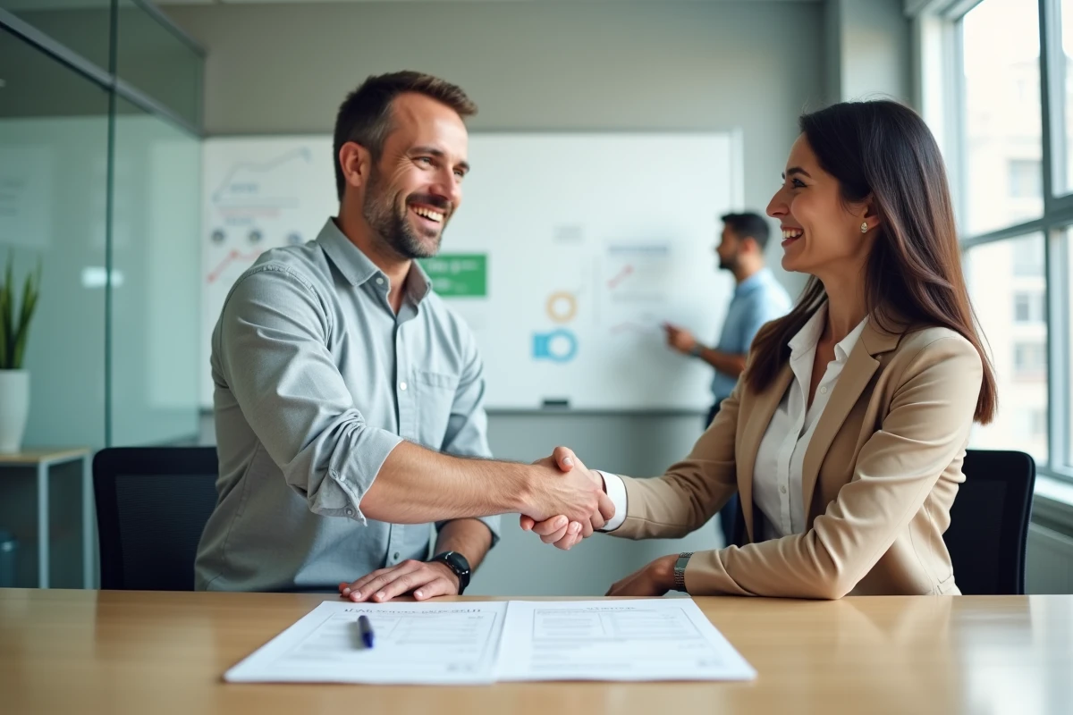 Poignée de main entre un client et une courtière hypothécaire après la signature d'un accord de financement immobilier