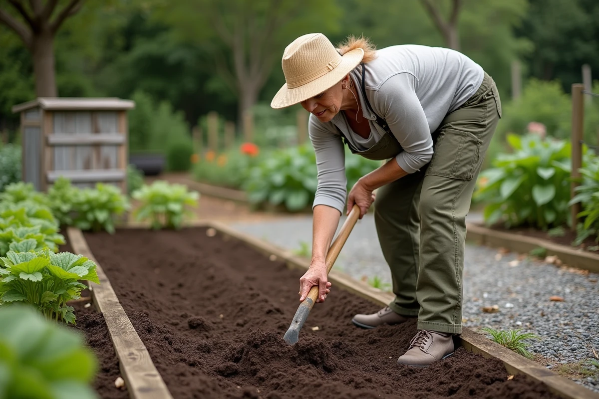 Femme senior retournant la terre d'un potager avec une bêche lors de la préparation du sol pour la création d'un jardin