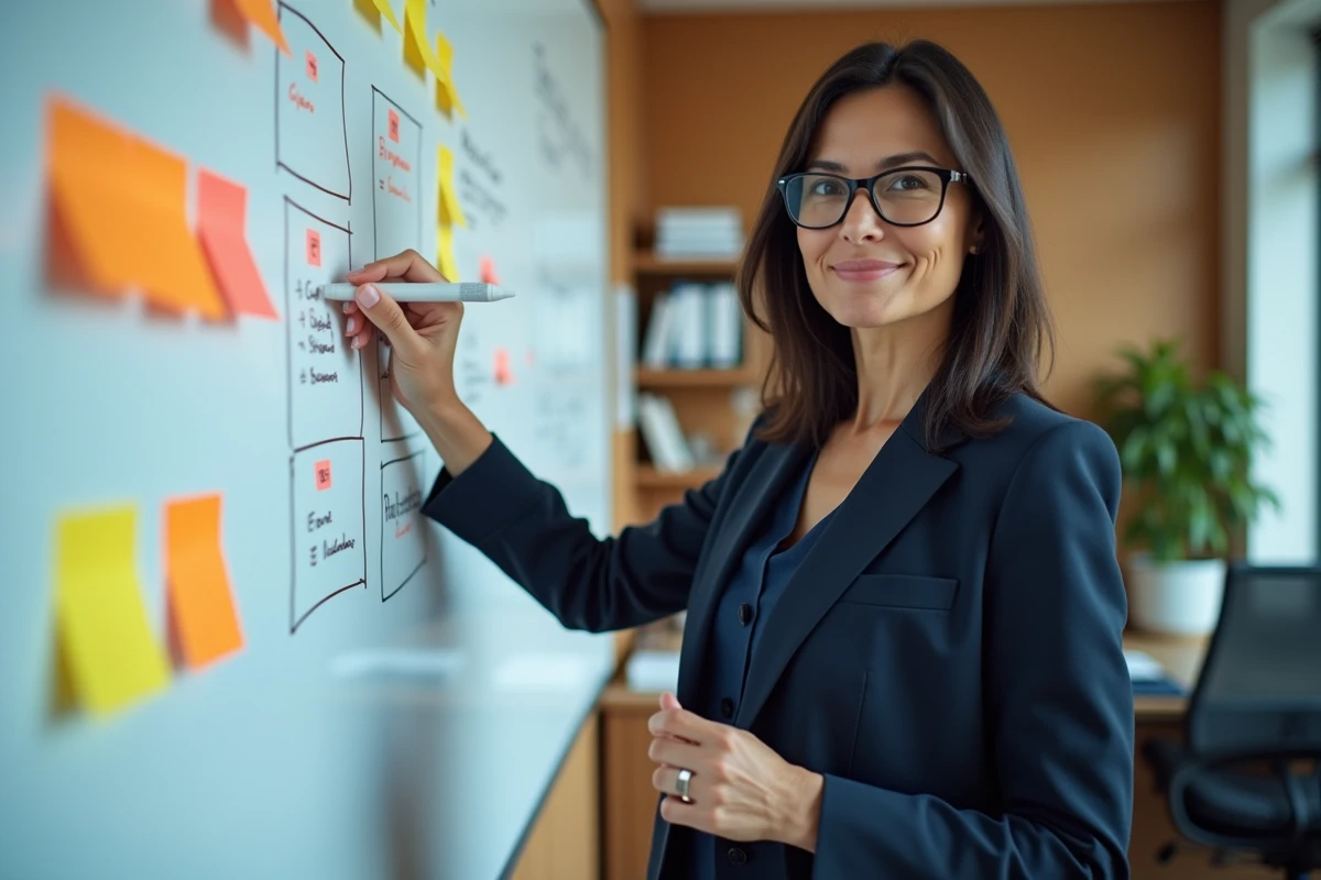 Femme professionnelle présentant les cinq domaines stratégiques de l'Agenda 2026 sur un tableau blanc