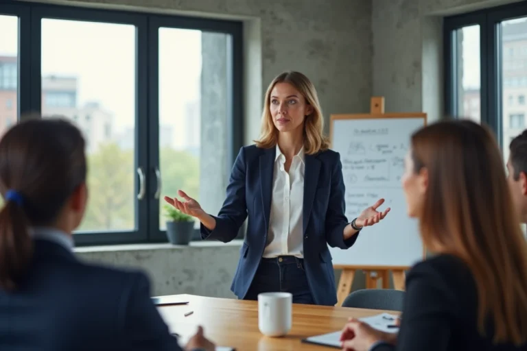 Femme entrepreneur présentant un produit innovant à une équipe dans un bureau moderne
