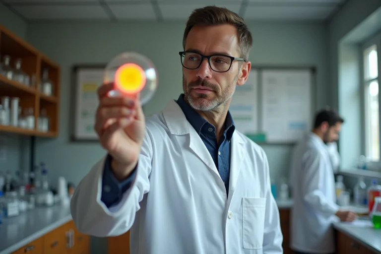 Professeur de chimie tenant un modèle moléculaire d'hydrogène dans un laboratoire universitaire, illustrant la structure atomique de l'hydrogène