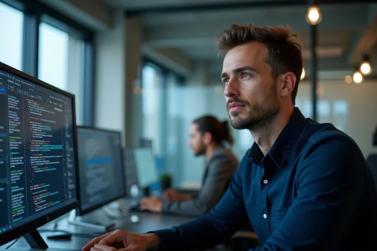 Professionnel en cybersécurité travaillant sur plusieurs écrans dans un open space moderne
