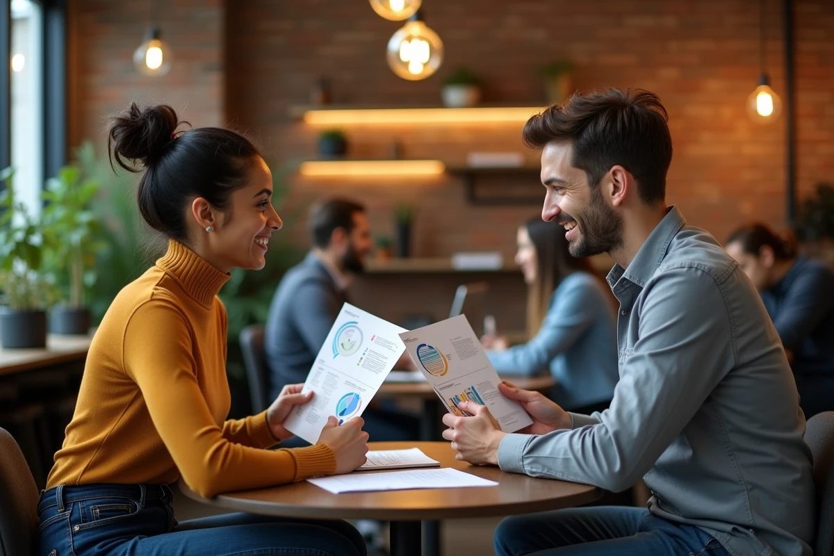 Deux professionnels échangeant sur les avantages et les risques de la blockchain autour d'infographies imprimées dans un espace de coworking