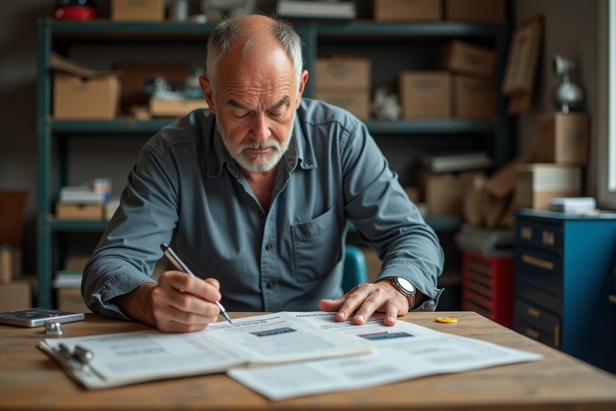 Propriétaire de véhicule de collection consultant les documents de carte grise dans un garage