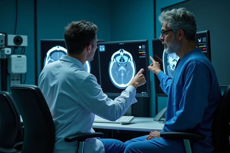 Radiologue analysant des séquences IRM T1 et T2 sur un poste de travail médical en milieu hospitalier