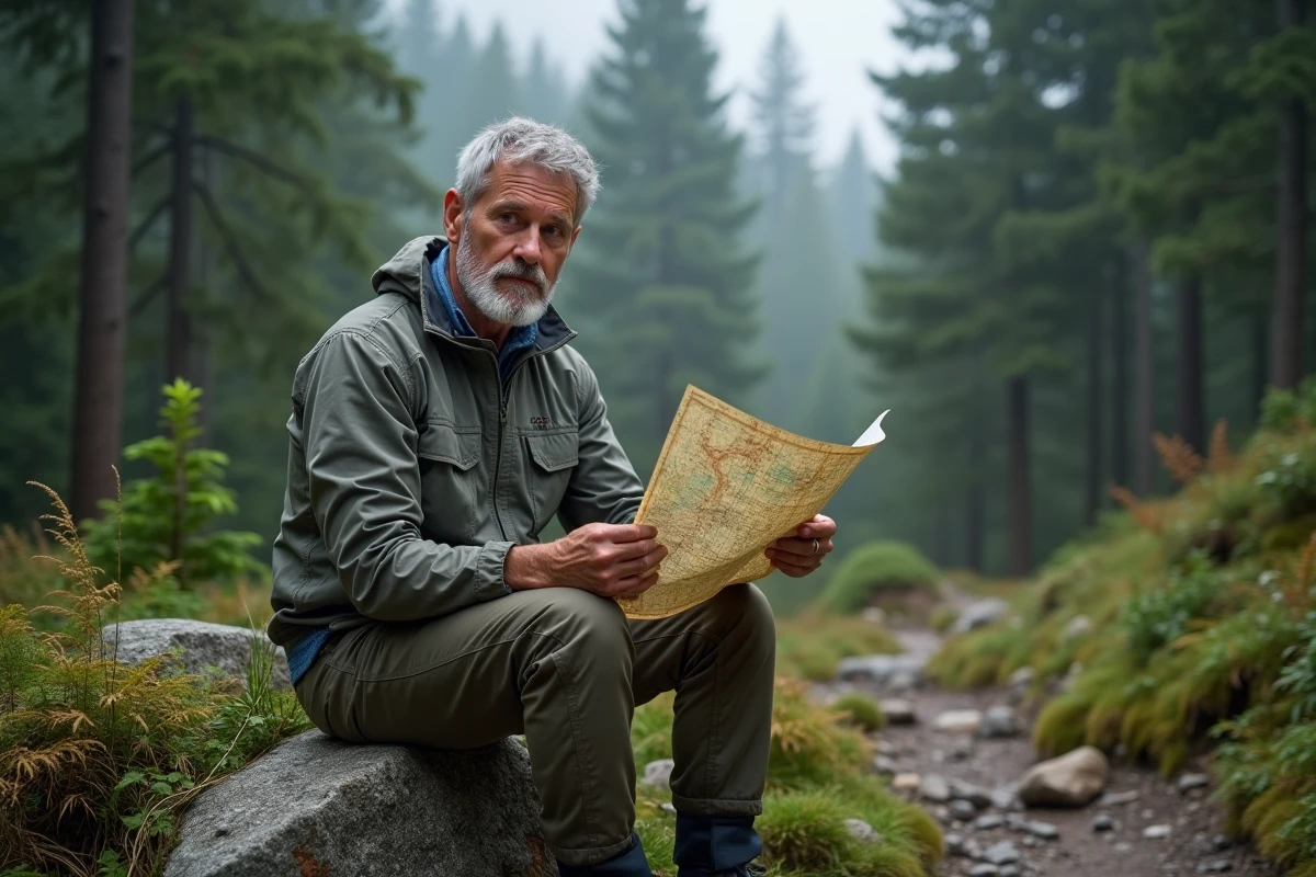 Randonneur expérimenté consultant une carte topographique en papier dans une forêt de montagne brumeuse