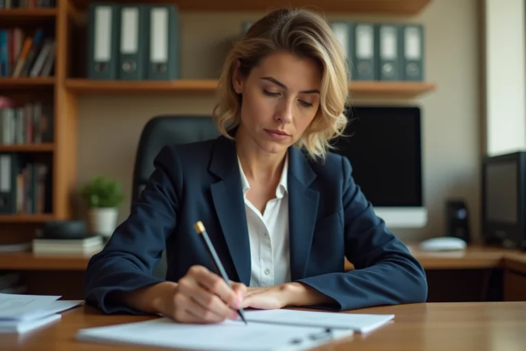 Femme professionnelle rédigeant un rapport de doléance à son bureau administratif
