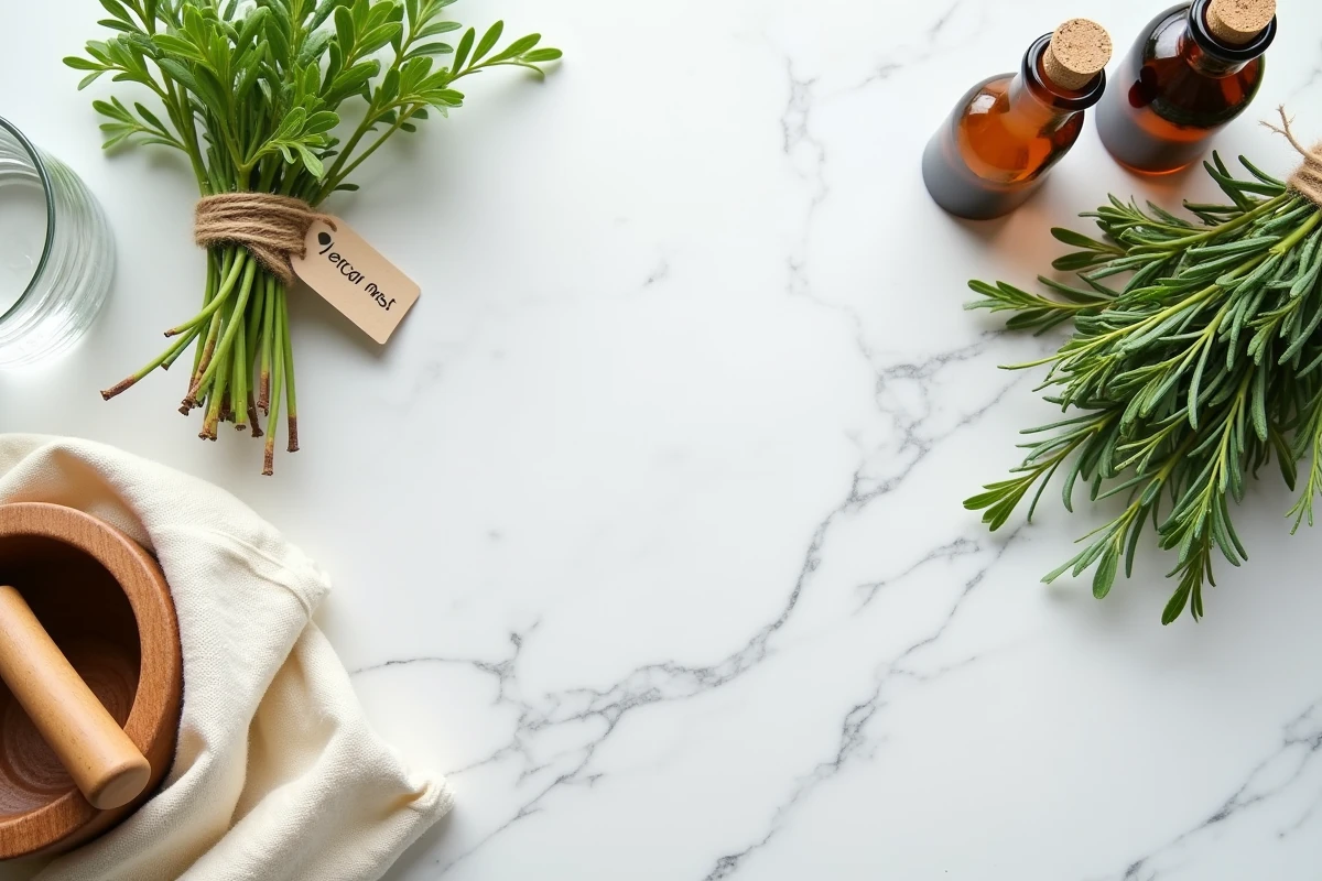 Arrangement de remèdes naturels et herbes pour la santé digestive et le nettoyage du côlon sur marbre blanc