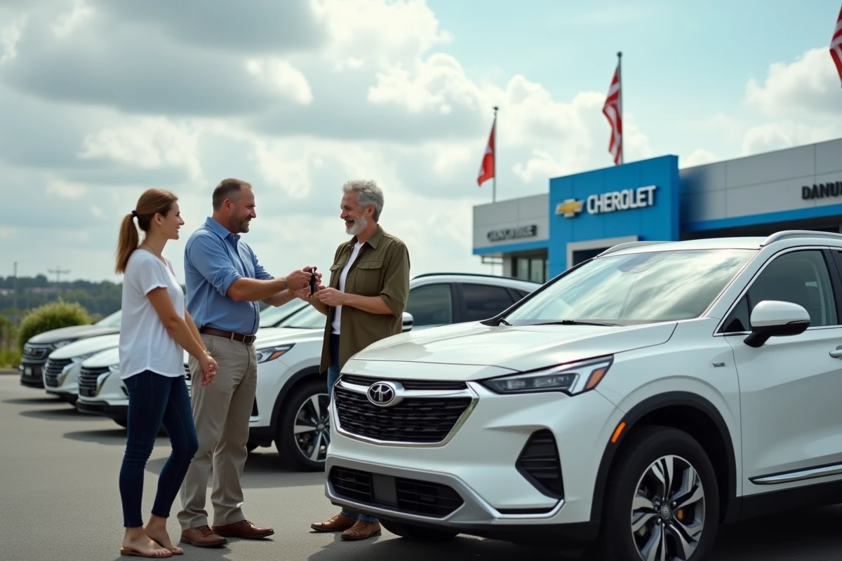 Couple recevant les clés de leur nouveau SUV blanc des mains d'un vendeur automobile en plein air