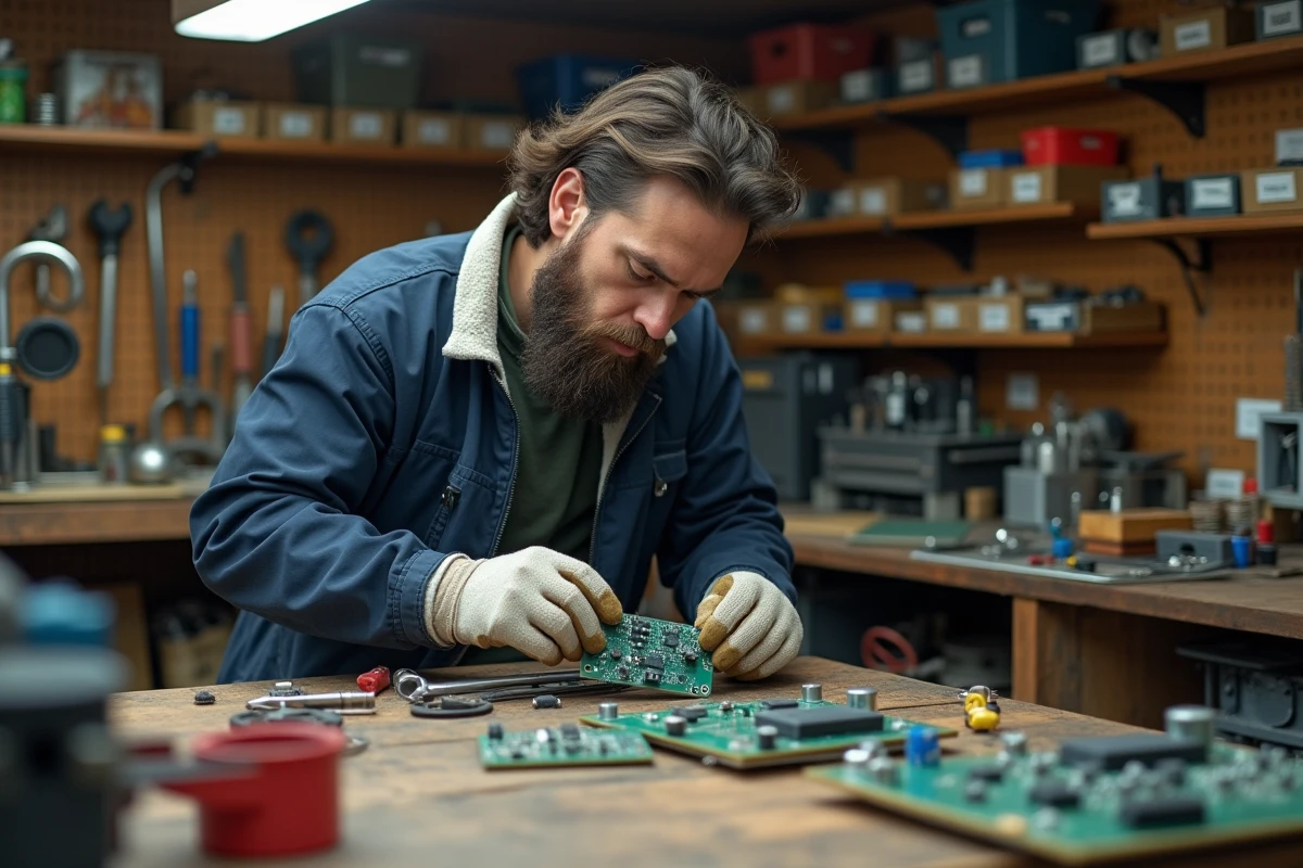 Technicien réparant un appareil électronique dans un atelier de réemploi, symbolisant la durabilité dans l'économie circulaire