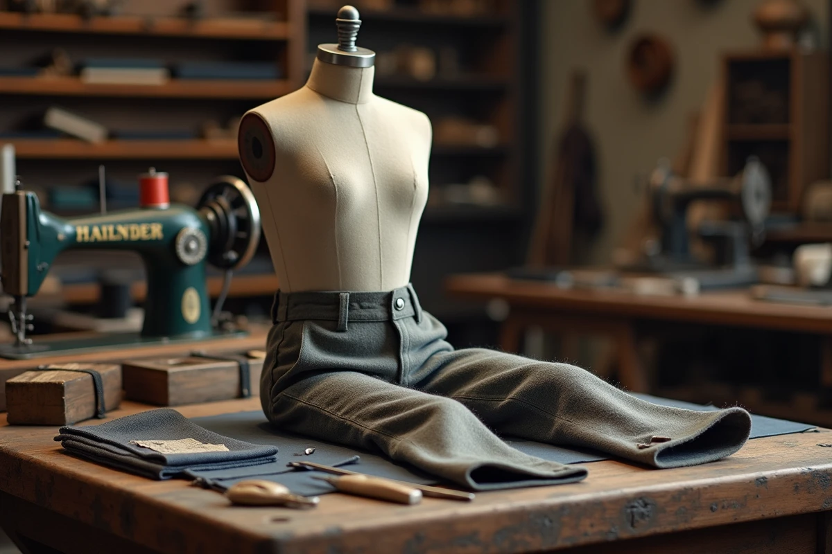 Atelier de couture avec un pantalon en laine usé sur un mannequin et des outils de réparation textile sur un établi