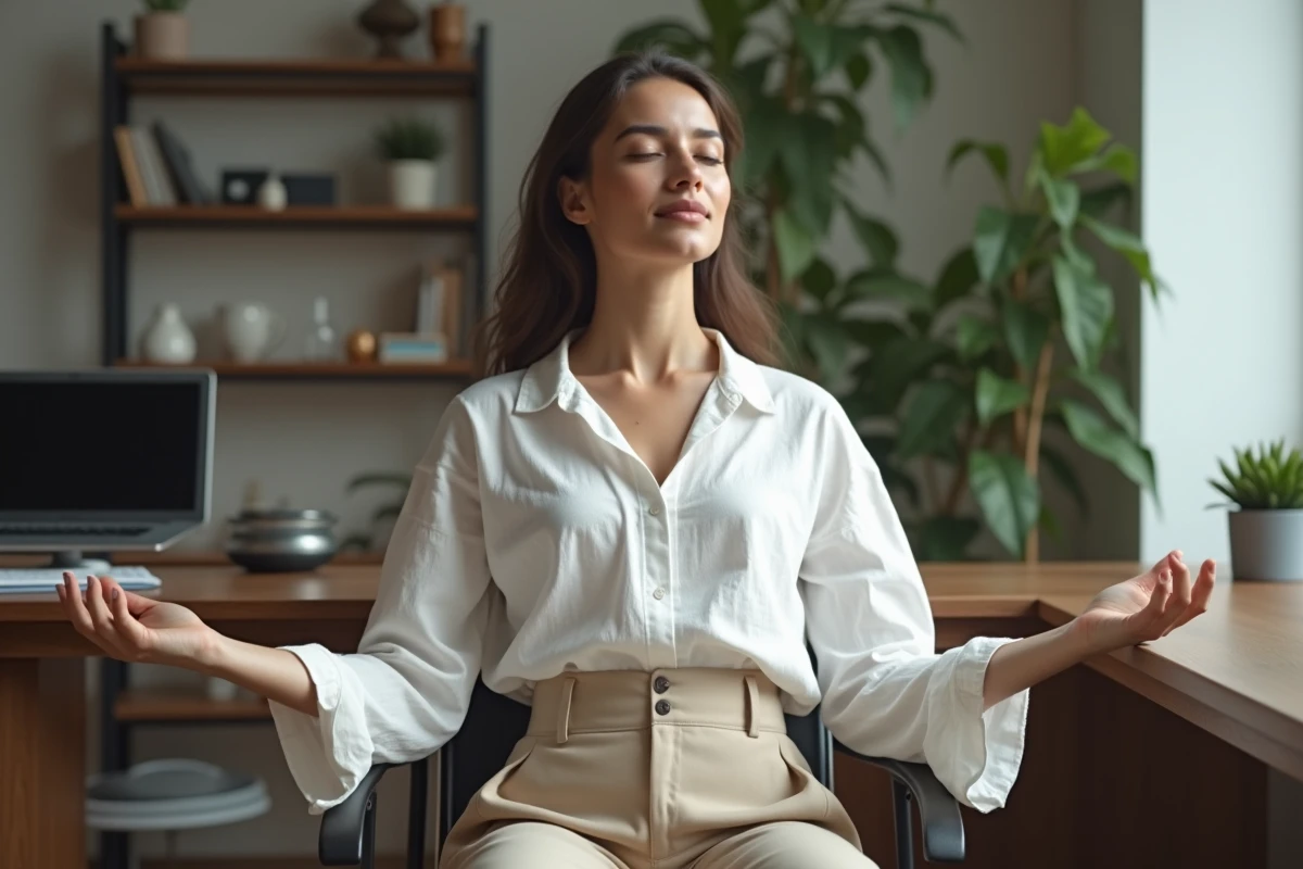 Jeune femme en pause au bureau pratiquant un exercice de respiration claviculaire dans un environnement de travail calme et lumineux