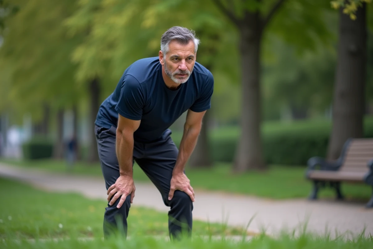 Homme en tenue de sport pratiquant une respiration thoracique contrôlée dans un parc urbain lors d'une pause de jogging