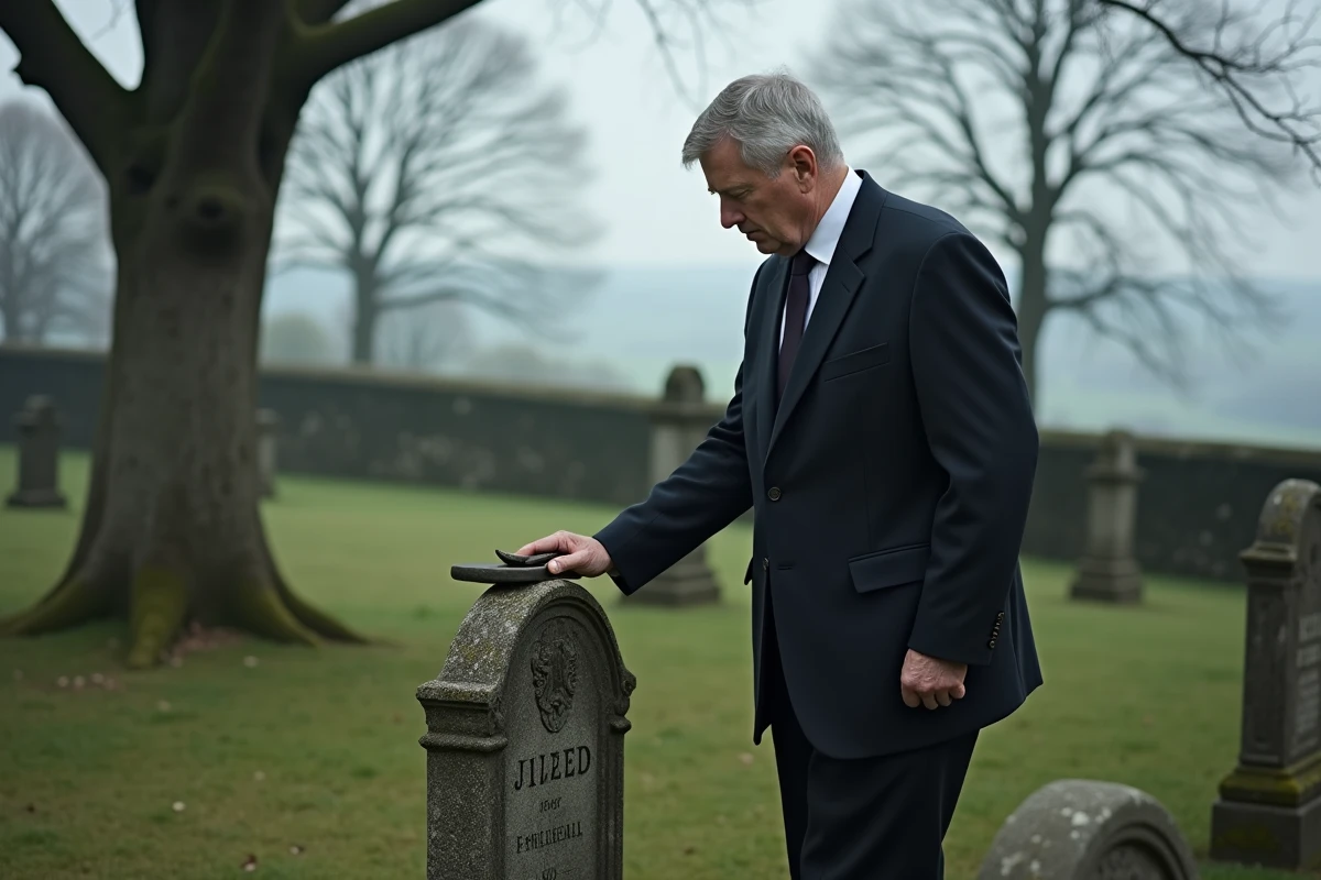 Homme d'âge mûr déposant une pierre sur une tombe ancienne dans un cimetière, geste rituel traditionnel symbolisant le souvenir et la mémoire des ancêtres